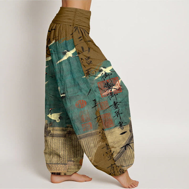 Buddha Stones Pantaloni harem da donna in cotone con motivo a gru volante e foca, con elastico in vita. - image 9