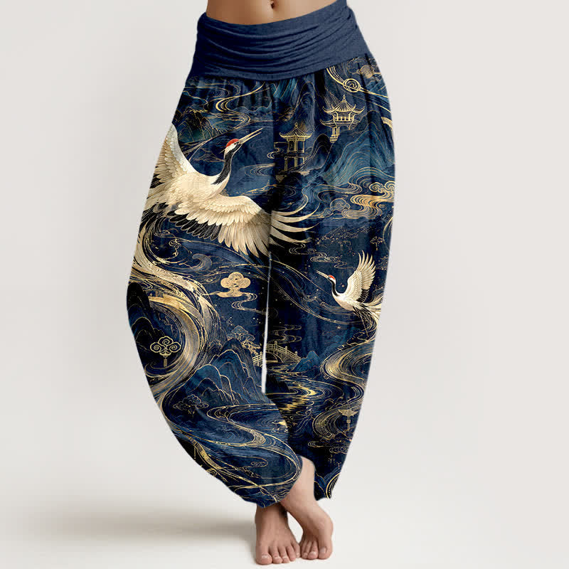 Buddha Stones Pantaloni harem da donna in cotone con motivo a onde e gru volanti, con elastico in vita. - Marina - US16, UK/AU20, EU48 (3XL) - image 0