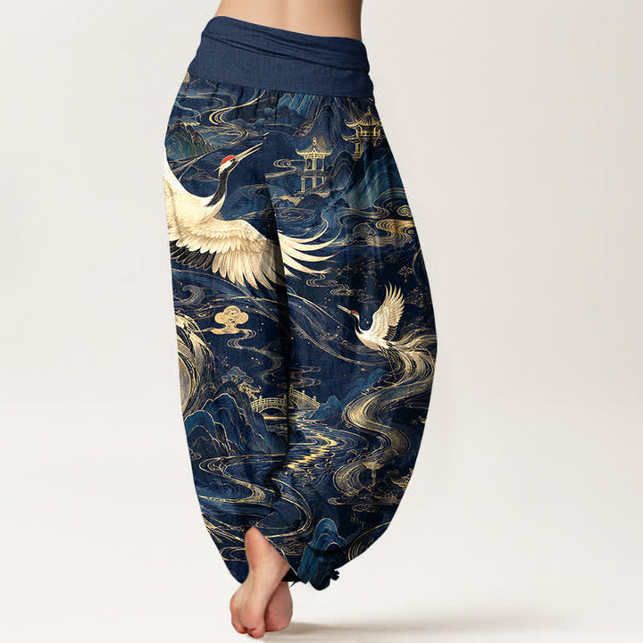 Buddha Stones Pantaloni harem da donna in cotone con motivo a onde e gru volanti, con elastico in vita. - image 2