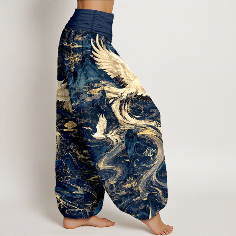 Buddha Stones Pantaloni harem da donna in cotone con motivo a onde e gru volanti, con elastico in vita. - image 1