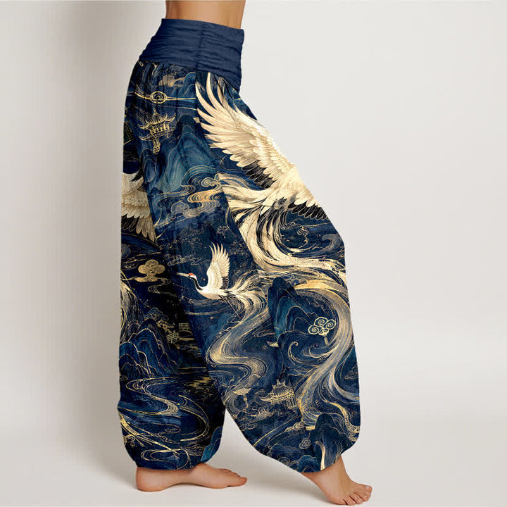 Buddha Stones Pantaloni harem da donna in cotone con motivo a onde e gru volanti, con elastico in vita. - image 1
