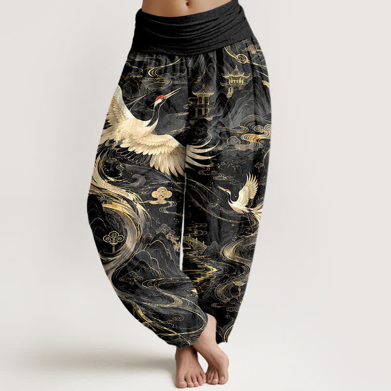 Buddha Stones Pantaloni harem da donna in cotone con motivo a onde e gru volanti, con elastico in vita. - Nero - US16, UK/AU20, EU48 (3XL) - image 5
