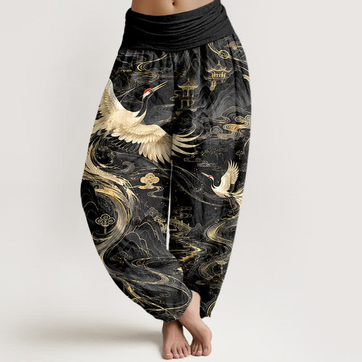 Buddha Stones Pantaloni harem da donna in cotone con motivo a onde e gru volanti, con elastico in vita. - Nero - US16, UK/AU20, EU48 (3XL) - image 5