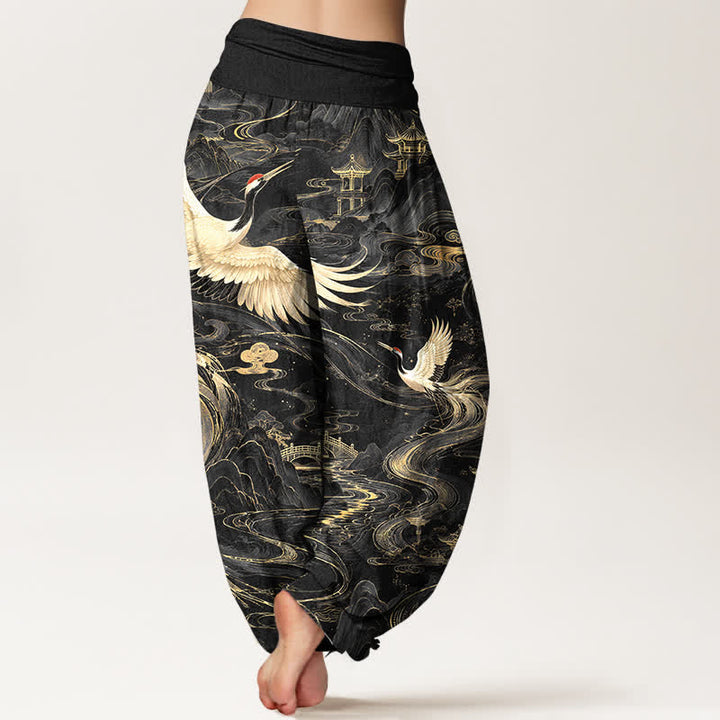 Buddha Stones Pantaloni harem da donna in cotone con motivo a onde e gru volanti, con elastico in vita. - image 7