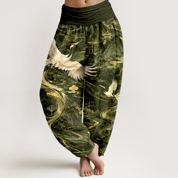 Buddha Stones Pantaloni harem da donna in cotone con motivo a onde e gru volanti, con elastico in vita. - Verde oliva scuro - US16, UK/AU20, EU48 (3XL) - image 8