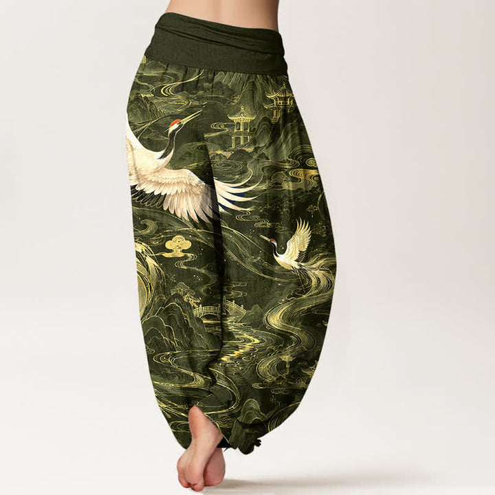 Buddha Stones Pantaloni harem da donna in cotone con motivo a onde e gru volanti, con elastico in vita. - image 10