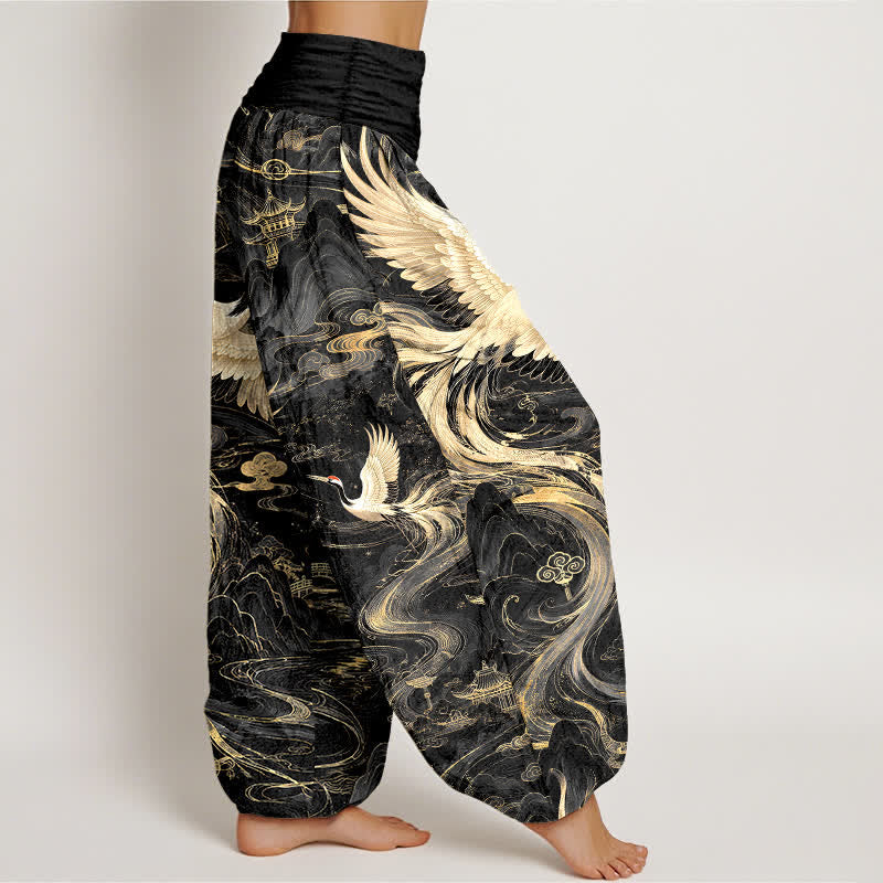 Buddha Stones Pantaloni harem da donna in cotone con motivo a onde e gru volanti, con elastico in vita. - image 6