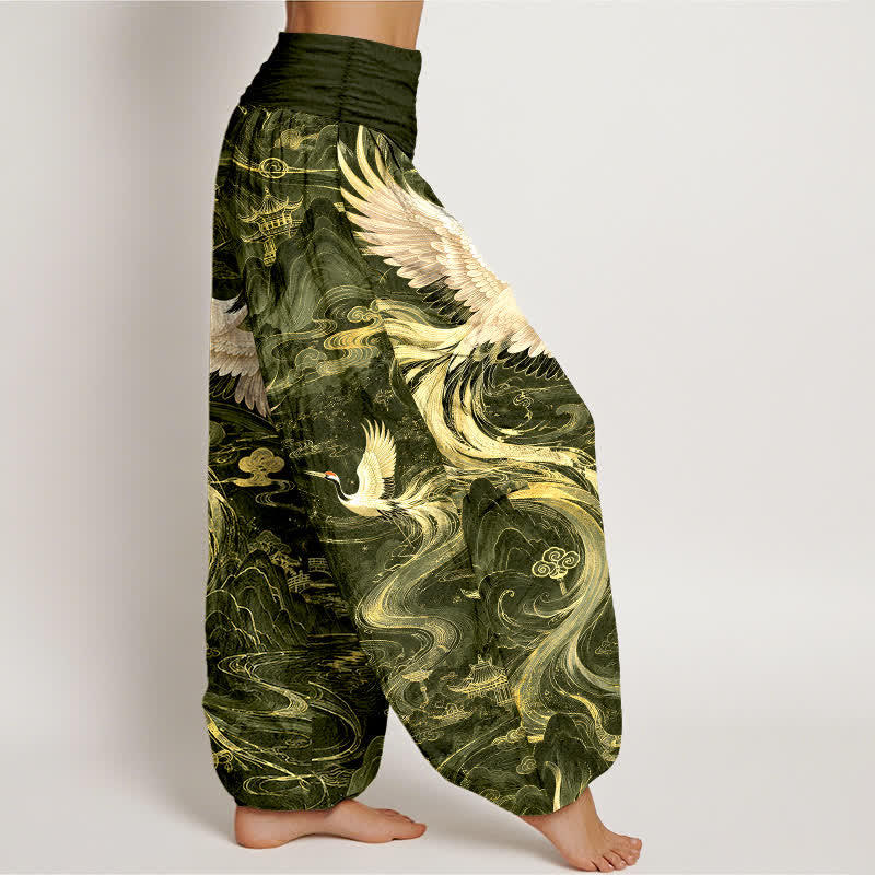Buddha Stones Pantaloni harem da donna in cotone con motivo a onde e gru volanti, con elastico in vita. - image 9