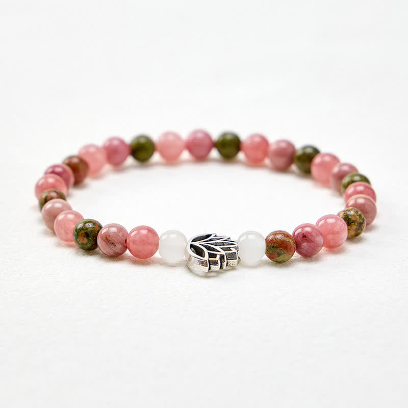 Buddha Stones Bracciale con rodonite, unakite, giada bianca, loto, amore e illuminazione - image 3