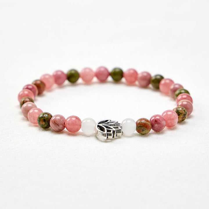 Buddha Stones Bracciale con rodonite, unakite, giada bianca, loto, amore e illuminazione - image 3