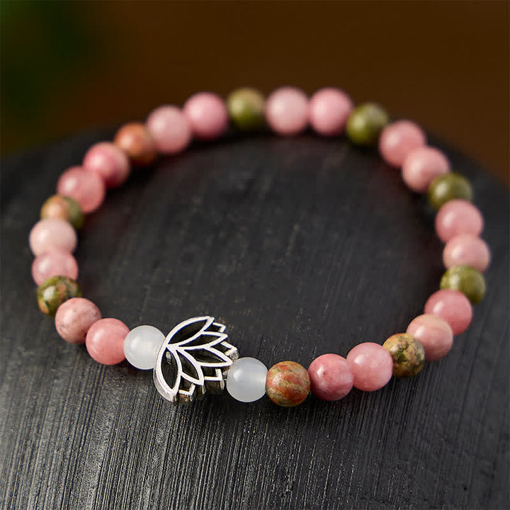 Buddha Stones Bracciale con rodonite, unakite, giada bianca, loto, amore e illuminazione - image 2
