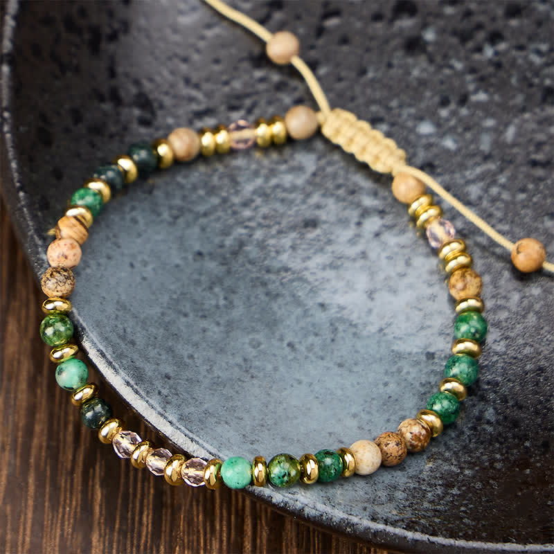 Buddha Stones Bracciale intrecciato a mano con turchese africano da 4 mm, diaspro figurato e perline di vetro rosa. - image 1