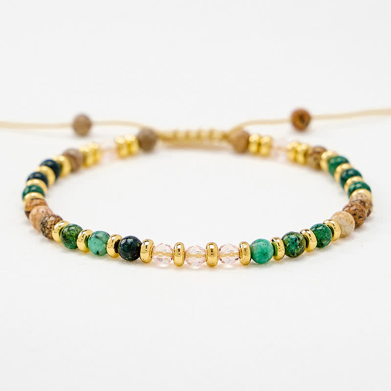 Buddha Stones Bracciale intrecciato a mano con turchese africano da 4 mm, diaspro figurato e perline di vetro rosa. - image 4
