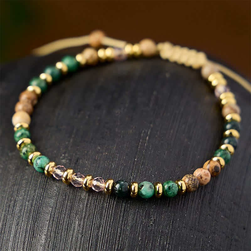 Buddha Stones Bracciale intrecciato a mano con turchese africano da 4 mm, diaspro figurato e perline di vetro rosa. - image 2