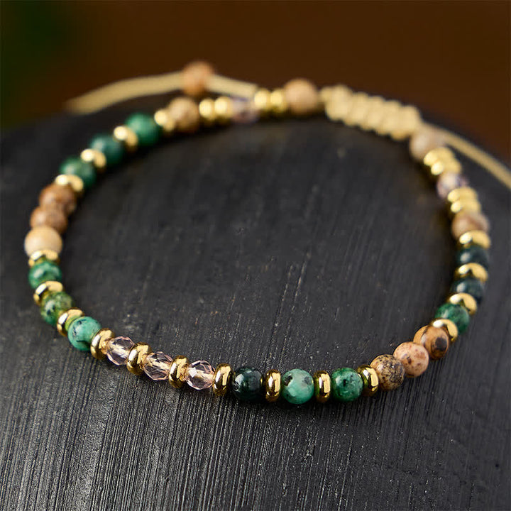 Buddha Stones Bracciale intrecciato a mano con turchese africano da 4 mm, diaspro figurato e perline di vetro rosa. - image 2
