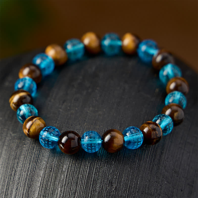 Buddha Stones Braccialetto rotondo con perline di vetro Tiger Eye Blue Liuli, colore Courage. - image 3