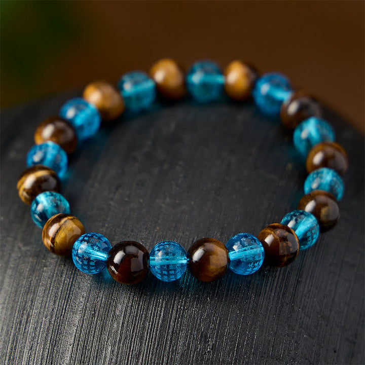 Buddha Stones Braccialetto rotondo con perline di vetro Tiger Eye Blue Liuli, colore Courage. - image 3