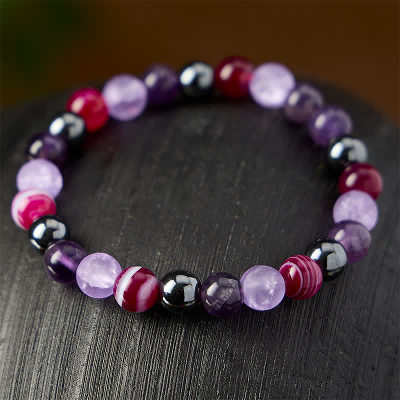 Buddha Stones Bracciale da meditazione in ametista naturale, agata viola ed ematite - image 2