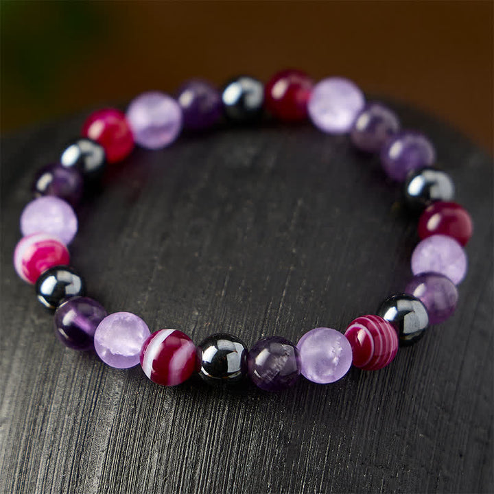 Buddha Stones Bracciale da meditazione in ametista naturale, agata viola ed ematite - image 2