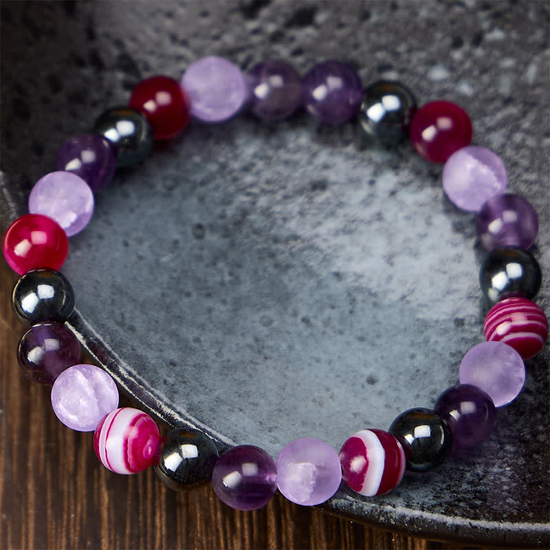 Buddha Stones Bracciale da meditazione in ametista naturale, agata viola ed ematite - image 1