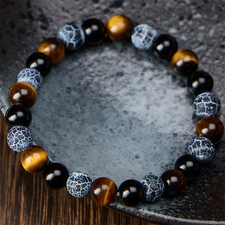 Buddha Stones Bracciale purificante con perline in ossidiana nera, occhio di tigre e agata screpolata, effetto occhio di tigre. - image 1