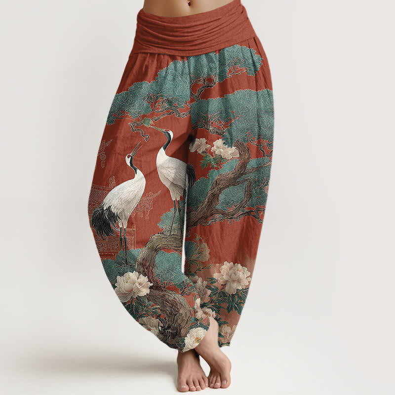Buddha Stones Pantaloni harem da donna in cotone con motivo a fiori di gru e vita elasticizzata - Blu fiordaliso - US16, UK/AU20, EU48 (3XL) - image 8