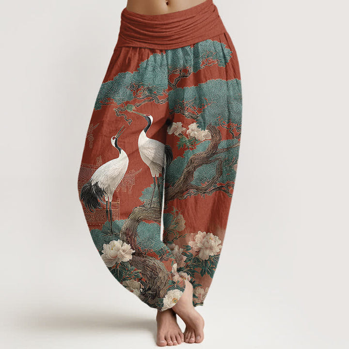 Buddha Stones Pantaloni harem da donna in cotone con motivo a fiori di gru e vita elasticizzata - Blu fiordaliso - US16, UK/AU20, EU48 (3XL) - image 8