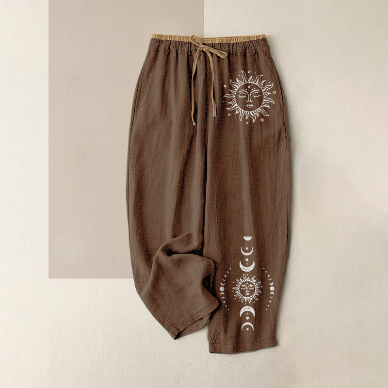 Buddha Stones Pantaloni da donna in puro cotone con elastico in vita e tasche, fantasia celeste sole, luna e stelle. - Marrone sella - US16, UK/AU20, EU48 (3XL) - image 6