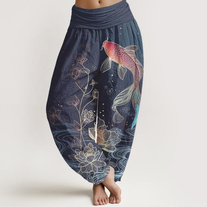 Buddha Stones Pantaloni harem da donna in puro cotone con elastico in vita e motivo a pesce koi di loto - Blu Ardesia - US16, UK/AU20, EU48 (3XL) - image 0
