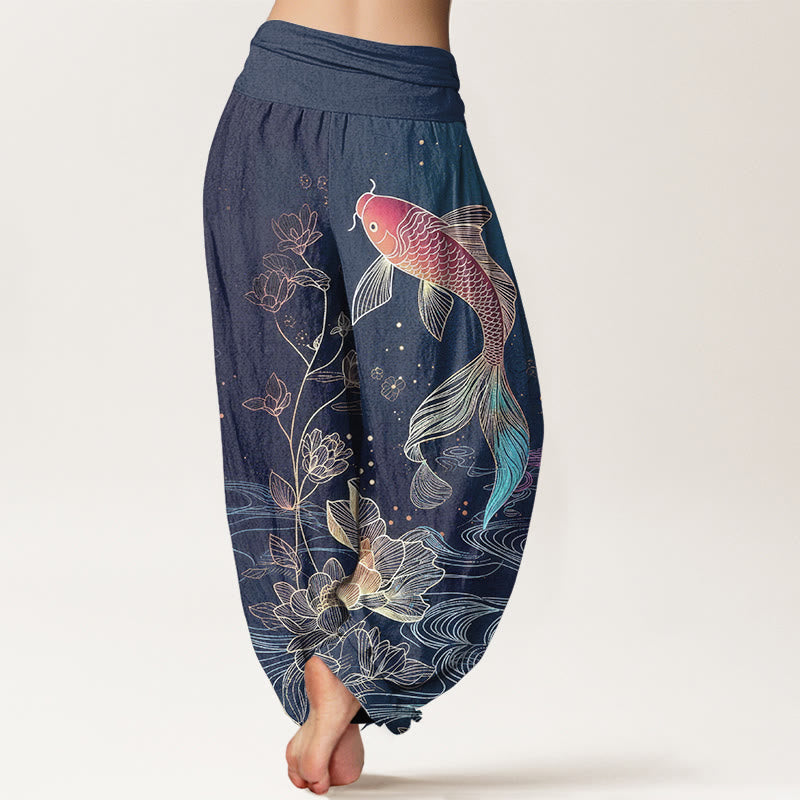 Buddha Stones Pantaloni harem da donna in puro cotone con elastico in vita e motivo a pesce koi di loto - image 1