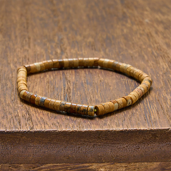 Buddha Stones Bracciale con perle piatte a taglio dritto in lapislazzuli Truth - Diaspro figurato (Circonferenza del polso: 5,9–6,3 pollici / 15-16 cm) - image 10