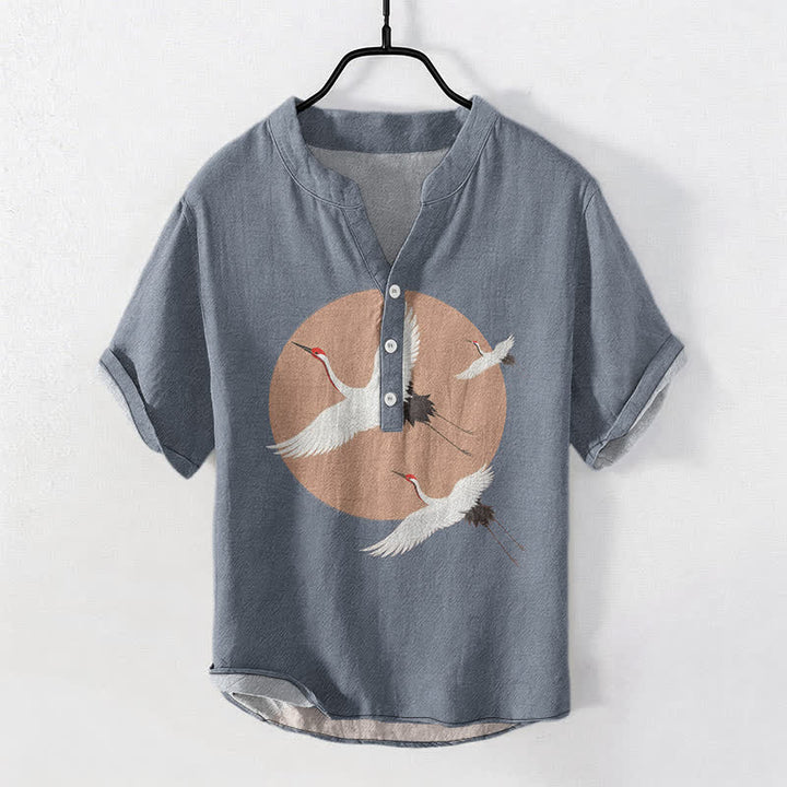 Buddha Stones Camicia da uomo a maniche corte con mezza abbottonatura, in cotone, con motivo a gru e corona rossa. - Grigio ardesia - US/UK/AU50, EU60 (5XL) - image 5