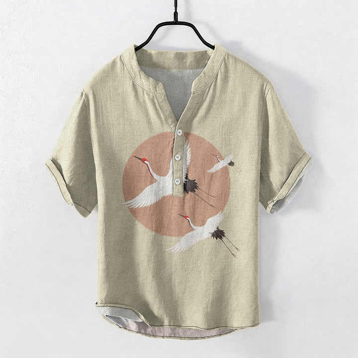 Buddha Stones Camicia da uomo a maniche corte con mezza abbottonatura, in cotone, con motivo a gru e corona rossa. - Beige - US/UK/AU50, EU60 (5XL) - image 7