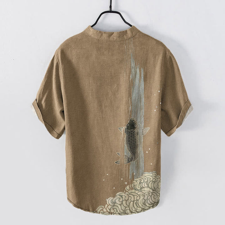 Buddha Stones Camicia da uomo a maniche corte con mezzo bottone e stampa di carpe koi in cotone, motivo a onde d'acqua. - image 11