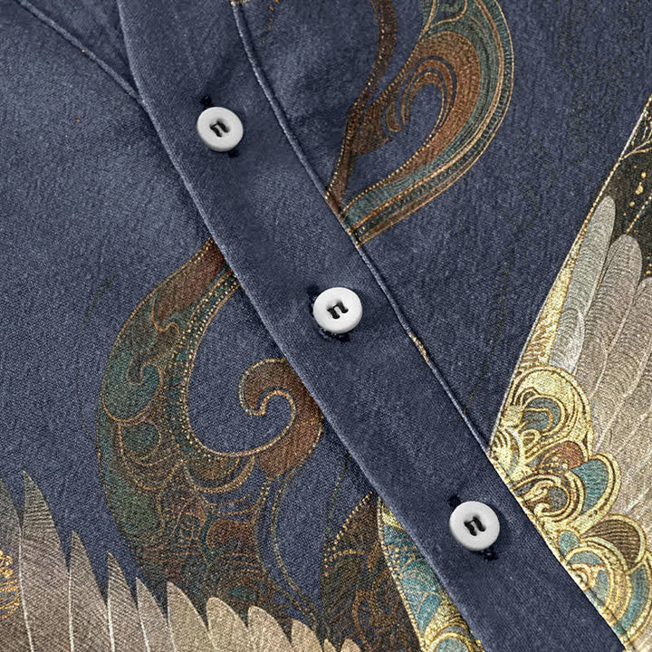 Buddha Stones Camicia da uomo a maniche corte con mezzo bottone, in cotone, con motivo a onde e gru dorate. - image 3