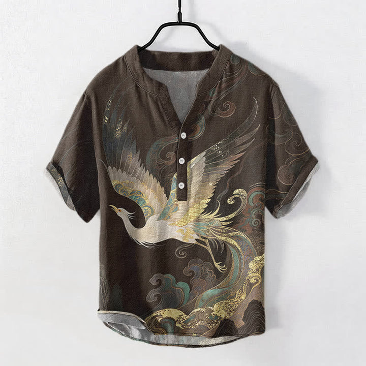 Buddha Stones Camicia da uomo a maniche corte con mezzo bottone, in cotone, con motivo a onde e gru dorate. - Marrone sella - US/UK/AU50, EU60 (5XL) - image 5