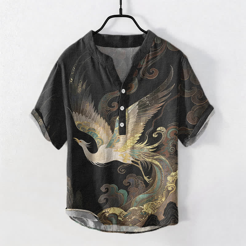 Buddha Stones Camicia da uomo a maniche corte con mezzo bottone, in cotone, con motivo a onde e gru dorate. - Nero - US/UK/AU50, EU60 (5XL) - image 7