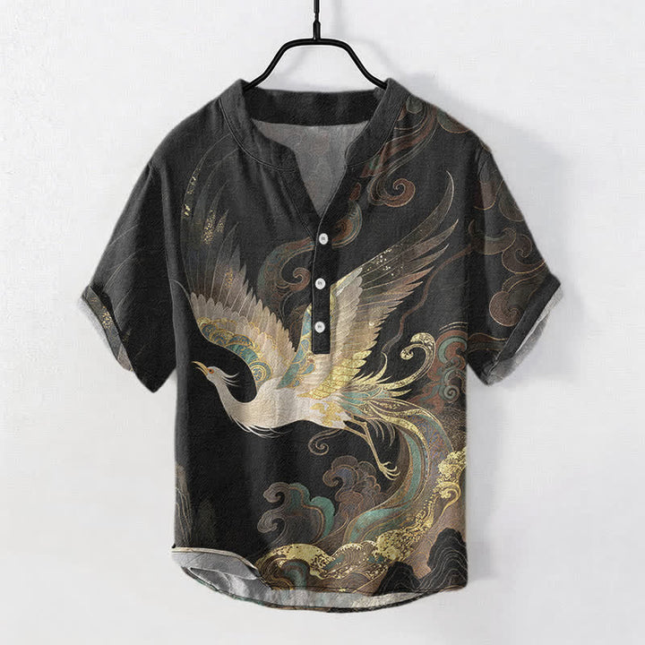 Buddha Stones Camicia da uomo a maniche corte con mezzo bottone, in cotone, con motivo a onde e gru dorate. - Nero - US/UK/AU50, EU60 (5XL) - image 7