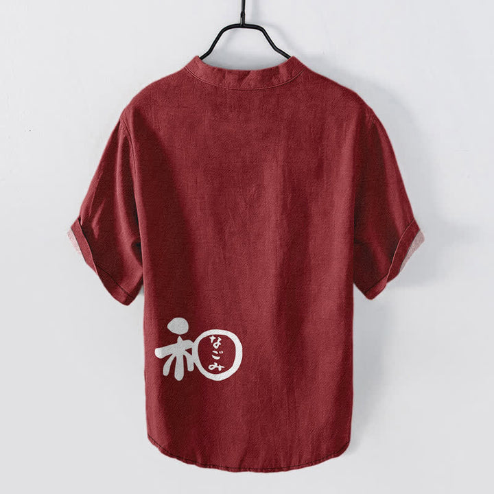 Buddha Stones Camicia da uomo a maniche corte con mezzo bottone, in cotone, con motivo a stemma Wa. - image 1