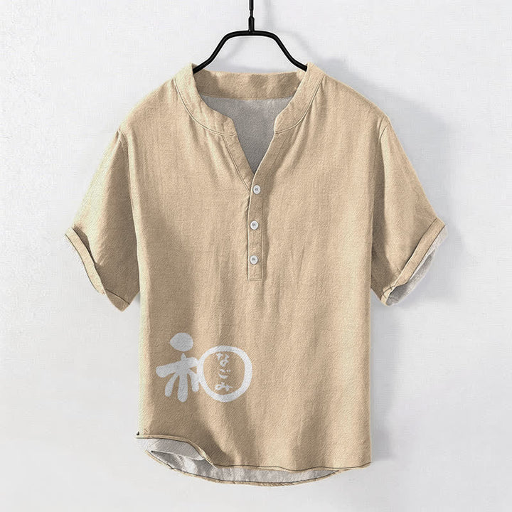 Buddha Stones Camicia da uomo a maniche corte con mezzo bottone, in cotone, con motivo a stemma Wa. - Beige - US/UK/AU50, EU60 (5XL) - image 5