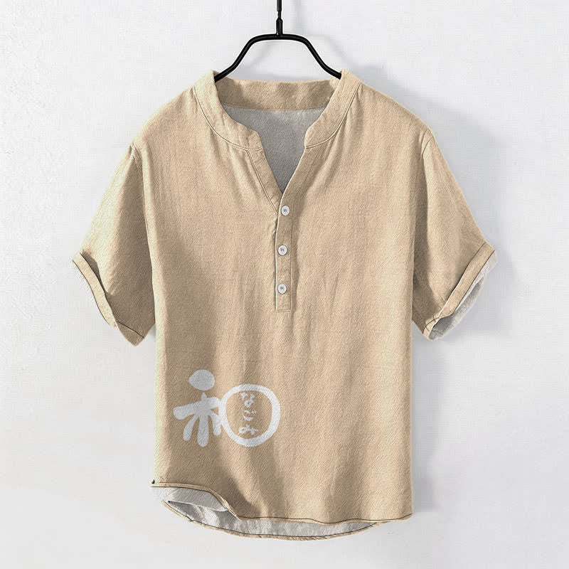 Buddha Stones Camicia da uomo a maniche corte con mezzo bottone, in cotone, con motivo a stemma Wa. - Beige - US/UK/AU50, EU60 (5XL) - image 5