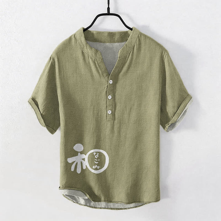 Buddha Stones Camicia da uomo a maniche corte con mezzo bottone, in cotone, con motivo a stemma Wa. - Oliva - US/UK/AU50, EU60 (5XL) - image 7