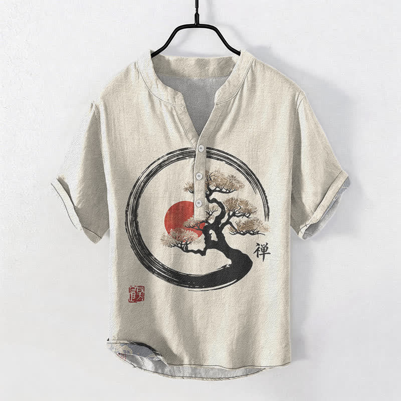 Buddha Stones Camicia da uomo a maniche corte con mezza abbottonatura, in cotone, con stampa bonsai e sole, motivo Zen. - Biancheria - US/UK/AU50, EU60 (5XL) - image 0