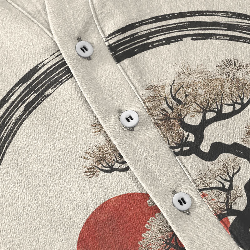 Buddha Stones Camicia da uomo a maniche corte con mezza abbottonatura, in cotone, con stampa bonsai e sole, motivo Zen. - image 3