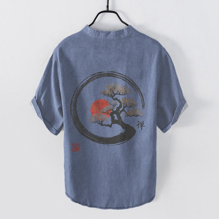 Buddha Stones Camicia da uomo a maniche corte con mezza abbottonatura, in cotone, con stampa bonsai e sole, motivo Zen. - image 8