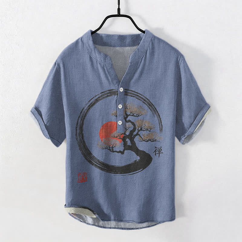 Buddha Stones Camicia da uomo a maniche corte con mezza abbottonatura, in cotone, con stampa bonsai e sole, motivo Zen. - Blu reale - US/UK/AU50, EU60 (5XL) - image 7