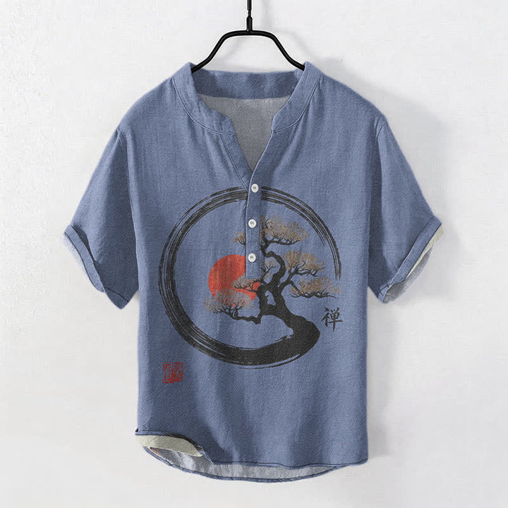 Buddha Stones Camicia da uomo a maniche corte con mezza abbottonatura, in cotone, con stampa bonsai e sole, motivo Zen. - Blu reale - US/UK/AU50, EU60 (5XL) - image 7