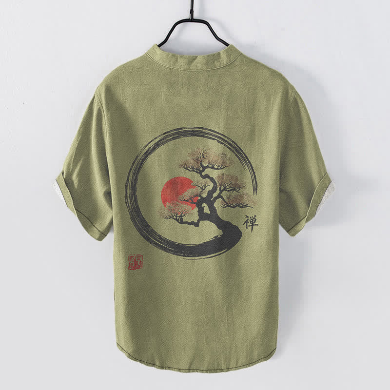 Buddha Stones Camicia da uomo a maniche corte con mezza abbottonatura, in cotone, con stampa bonsai e sole, motivo Zen. - image 6
