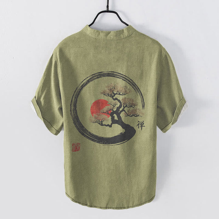Buddha Stones Camicia da uomo a maniche corte con mezza abbottonatura, in cotone, con stampa bonsai e sole, motivo Zen. - image 6
