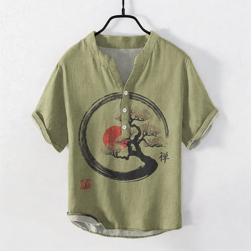 Buddha Stones Camicia da uomo a maniche corte con mezza abbottonatura, in cotone, con stampa bonsai e sole, motivo Zen. - Verde oliva - US/UK/AU50, EU60 (5XL) - image 5